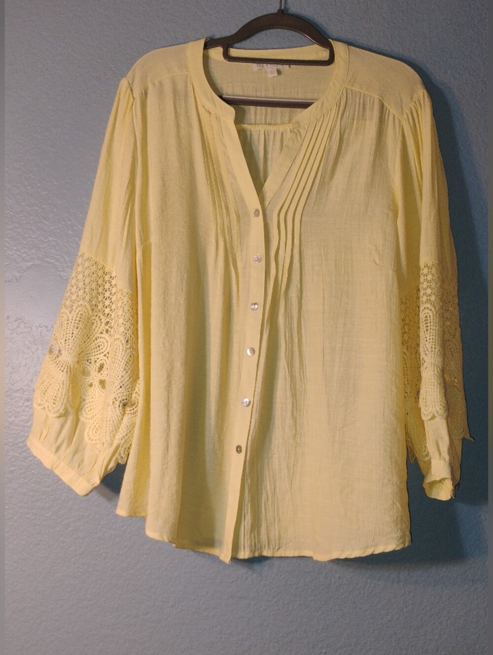 Yellow Crochet-Sleeve Button Front Blouse